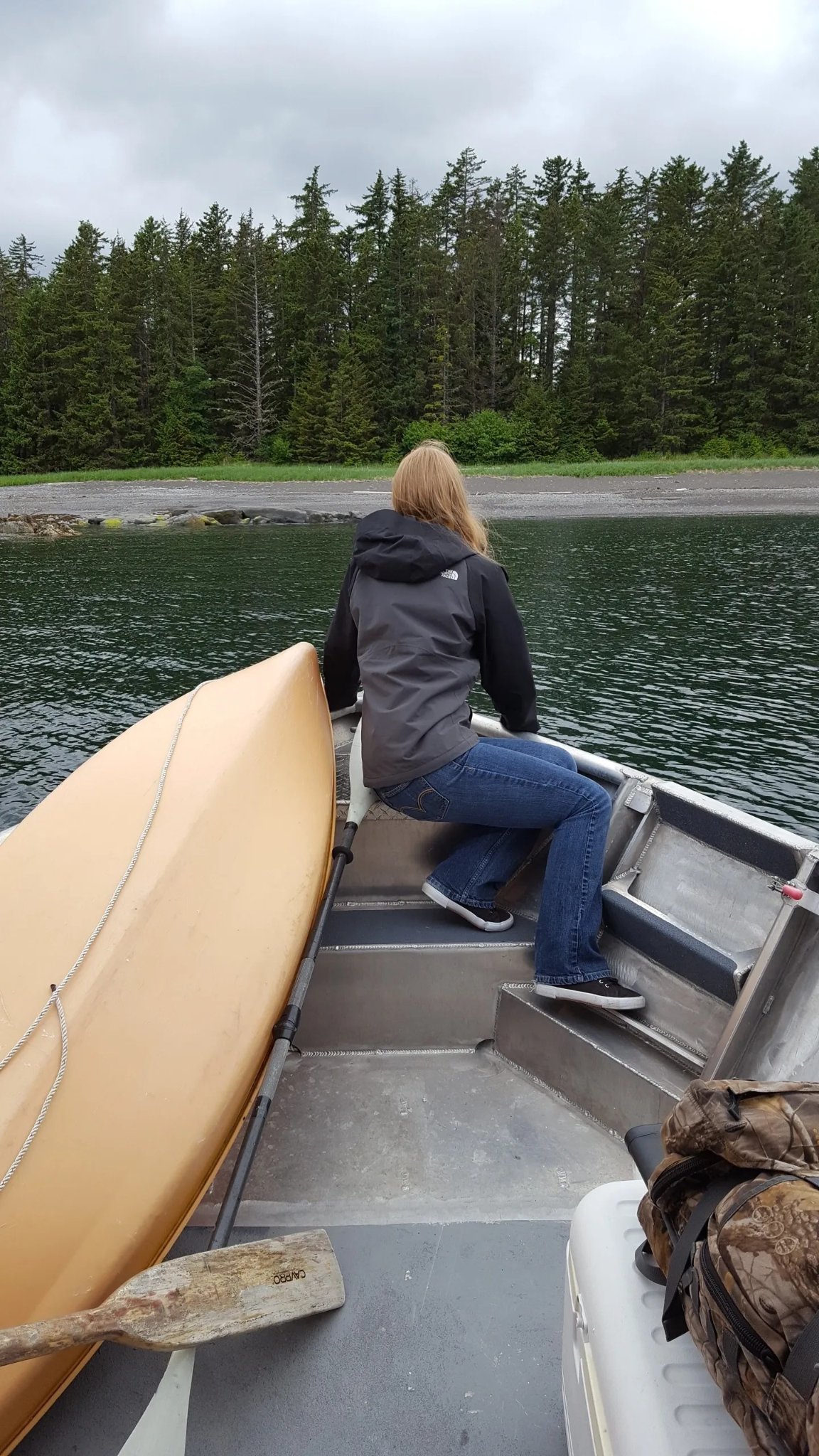 Guest on the Tongass Troll approaching a forested Alaskan shoreline